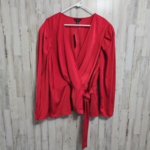 Adiva Red Faux Wrap Silky Long Puff Sleeve Blouse Plus Size 1X